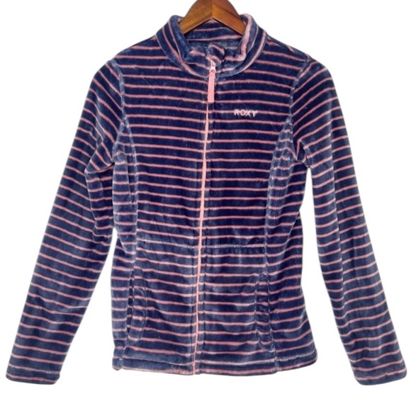 ROXY Purple Pink Striped Fleece Zip Up Jacket Sweatshirt 
Girl's Size M 10 - Picture 1 of 4